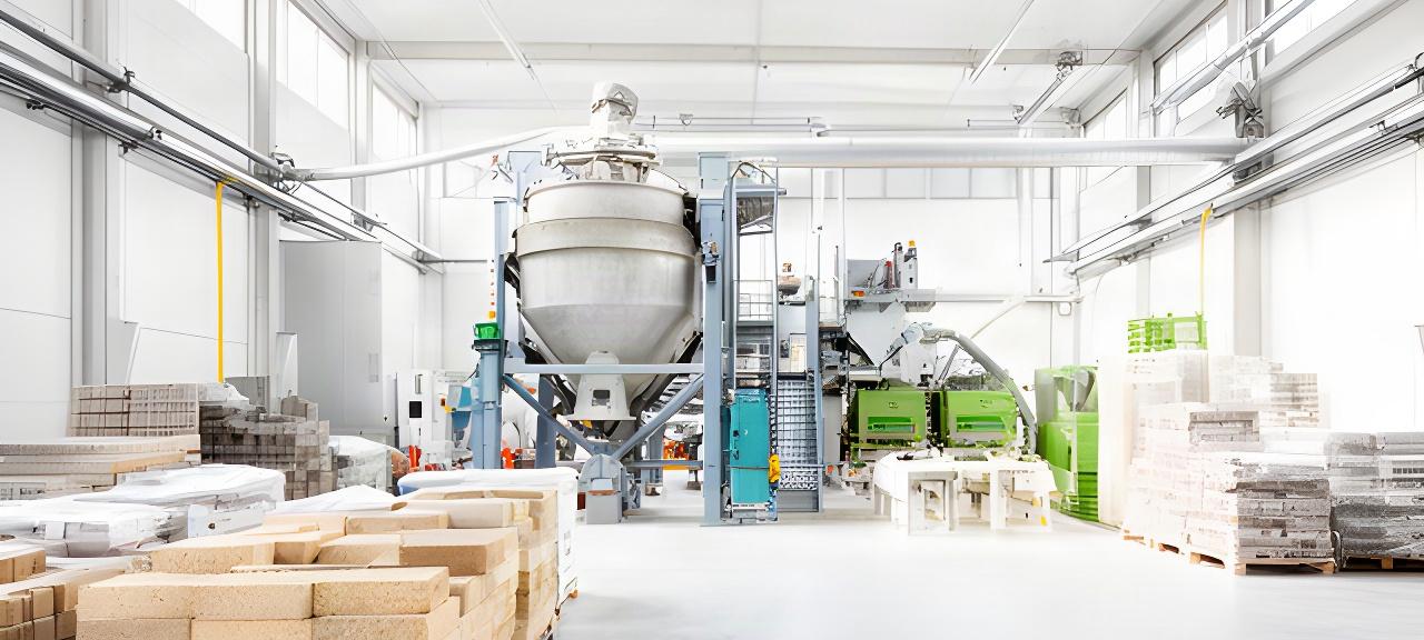 Helle Produktionshalle in Bern mit Betonmischanlage und sauber gestapelten Baustoffpaletten